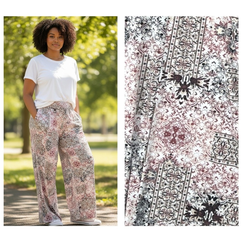 Cato Wide Leg Palazzo Pants Womens 18/20W Burgundy Paisley Boho Flowy Eclectic